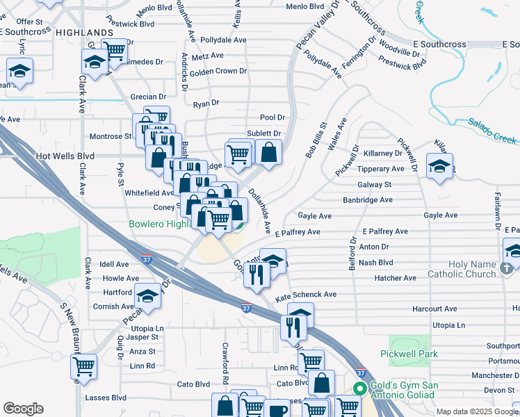 map of restaurants, bars, coffee shops, grocery stores, and more near 7 Dollarhide Avenue in San Antonio