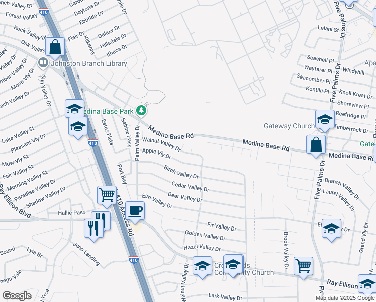 map of restaurants, bars, coffee shops, grocery stores, and more near 6831 Walnut Valley Drive in San Antonio