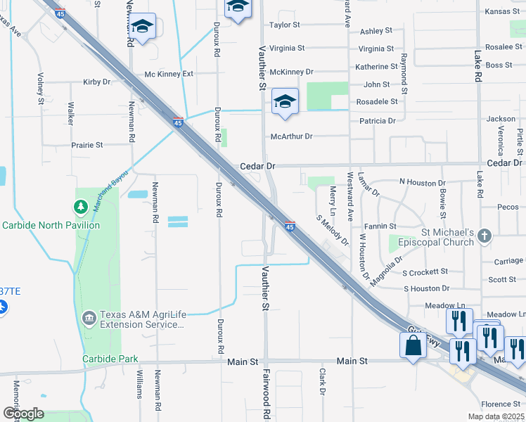 map of restaurants, bars, coffee shops, grocery stores, and more near 17 Clover Bend Street in La Marque