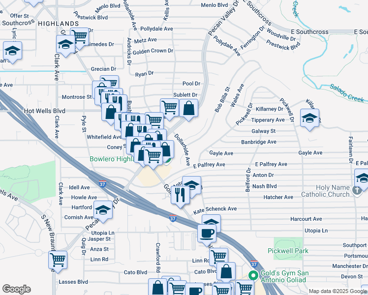 map of restaurants, bars, coffee shops, grocery stores, and more near 7 Dollarhide Avenue in San Antonio