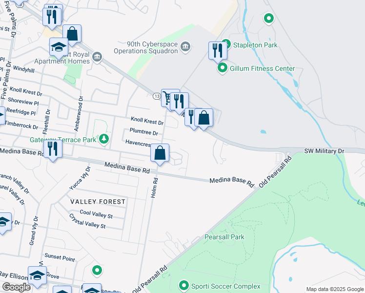 map of restaurants, bars, coffee shops, grocery stores, and more near 6807 Saliba Parkway in San Antonio