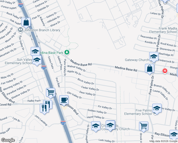 map of restaurants, bars, coffee shops, grocery stores, and more near 6831 Walnut Valley Drive in San Antonio