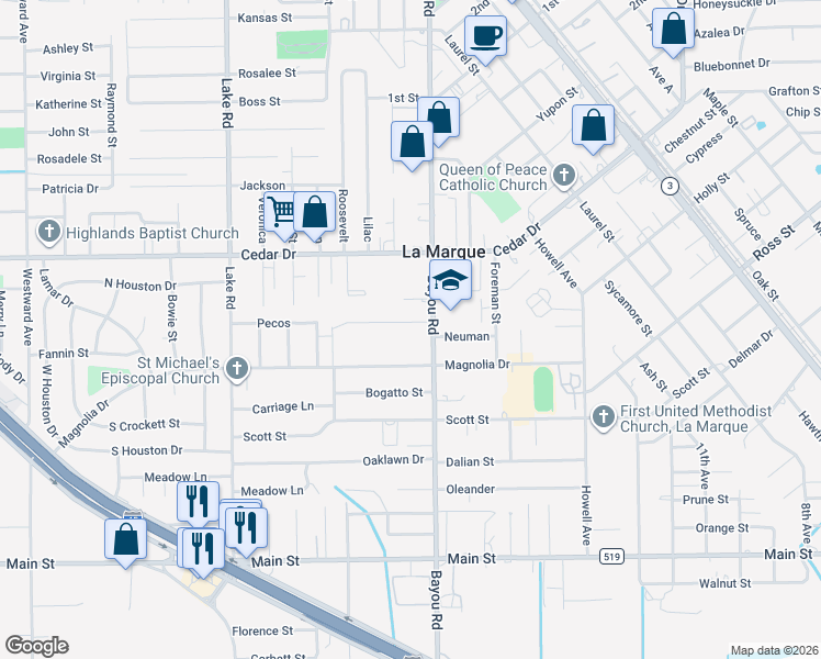 map of restaurants, bars, coffee shops, grocery stores, and more near 1913 Evergreen in La Marque