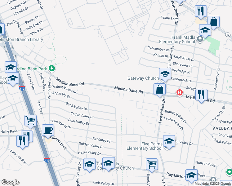 map of restaurants, bars, coffee shops, grocery stores, and more near 6318 Cougar Village in San Antonio