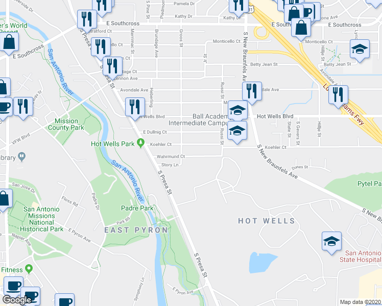 map of restaurants, bars, coffee shops, grocery stores, and more near 219 Wahrmund Court in San Antonio