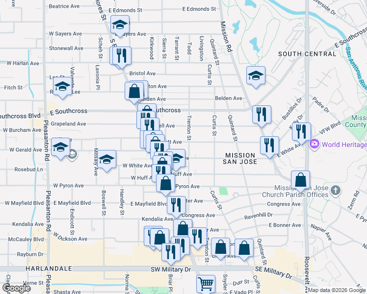map of restaurants, bars, coffee shops, grocery stores, and more near 201 East White in San Antonio
