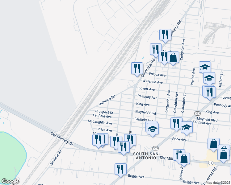 map of restaurants, bars, coffee shops, grocery stores, and more near 2510 Quintana Road in San Antonio