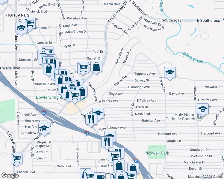 map of restaurants, bars, coffee shops, grocery stores, and more near 119 Gayle Avenue in San Antonio