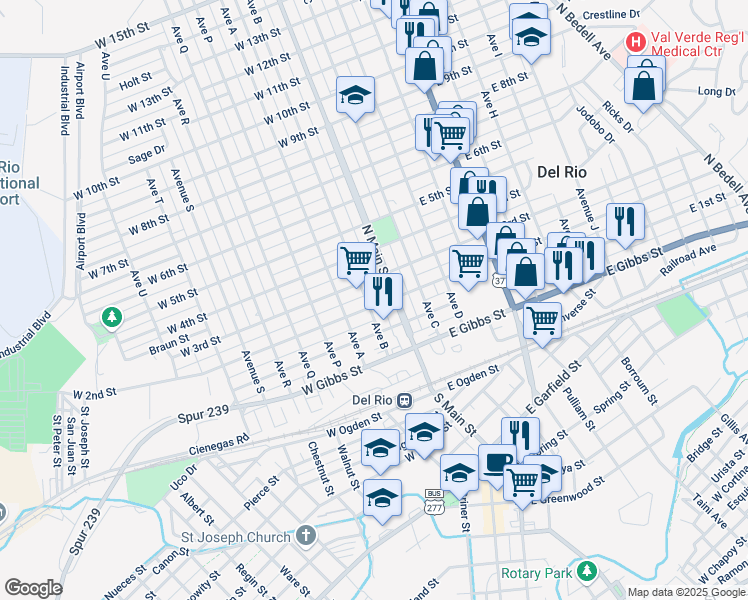 map of restaurants, bars, coffee shops, grocery stores, and more near 108 West 2nd Street in Del Rio