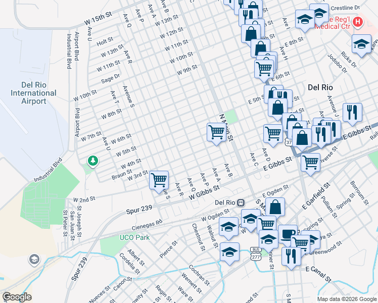 map of restaurants, bars, coffee shops, grocery stores, and more near 408 Ave P in Del Rio
