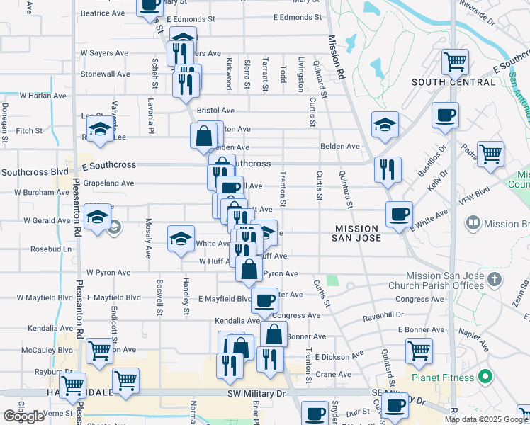 map of restaurants, bars, coffee shops, grocery stores, and more near 135 East White in San Antonio