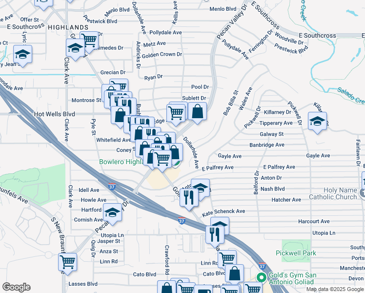 map of restaurants, bars, coffee shops, grocery stores, and more near 7 Dollarhide Avenue in San Antonio