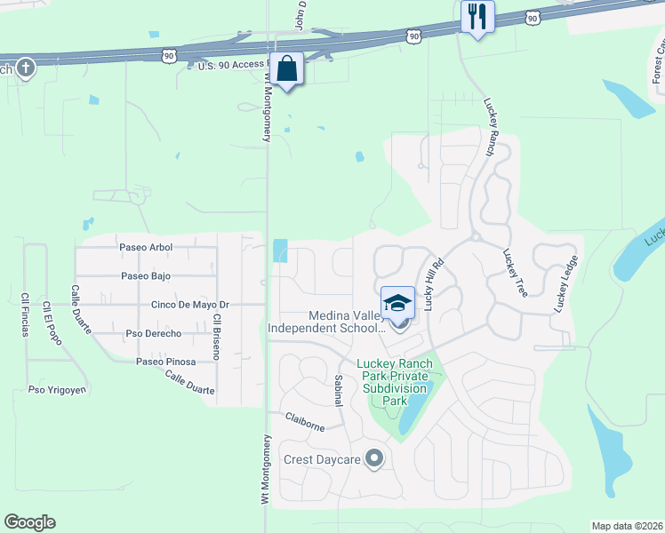 map of restaurants, bars, coffee shops, grocery stores, and more near 12230 Commander Drive in San Antonio