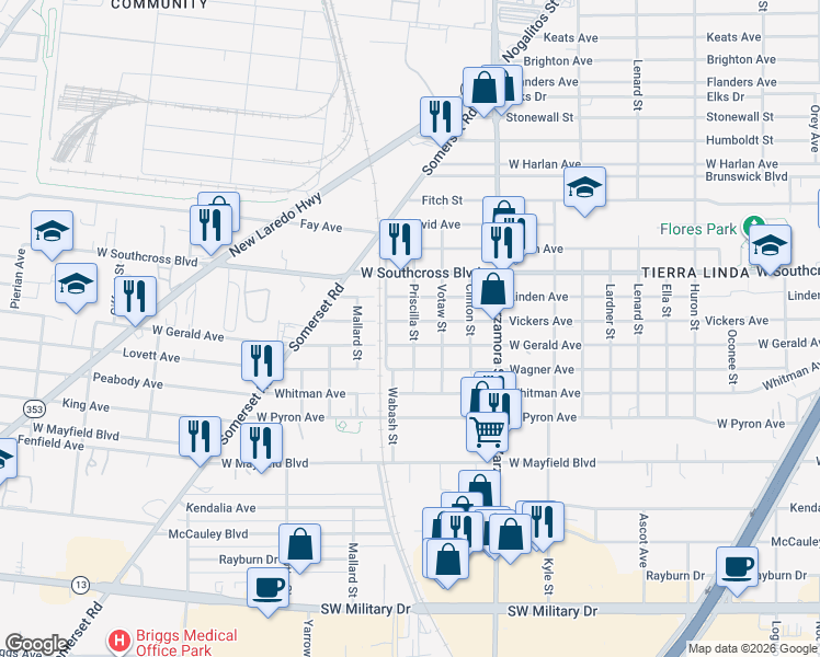 map of restaurants, bars, coffee shops, grocery stores, and more near 1916 West Gerald Avenue in San Antonio