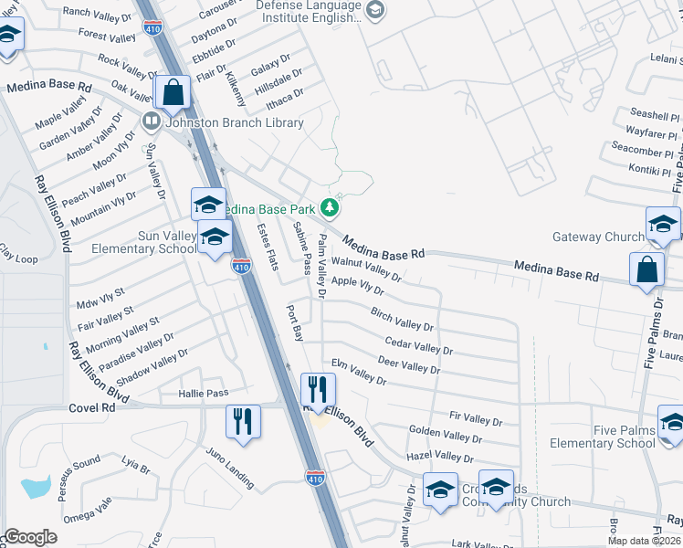 map of restaurants, bars, coffee shops, grocery stores, and more near 6291 Birch Valley Drive in San Antonio
