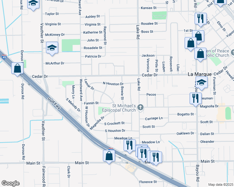 map of restaurants, bars, coffee shops, grocery stores, and more near 1411 Lamar Drive in La Marque