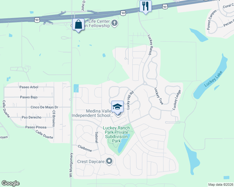 map of restaurants, bars, coffee shops, grocery stores, and more near 12119 Luckey View in San Antonio