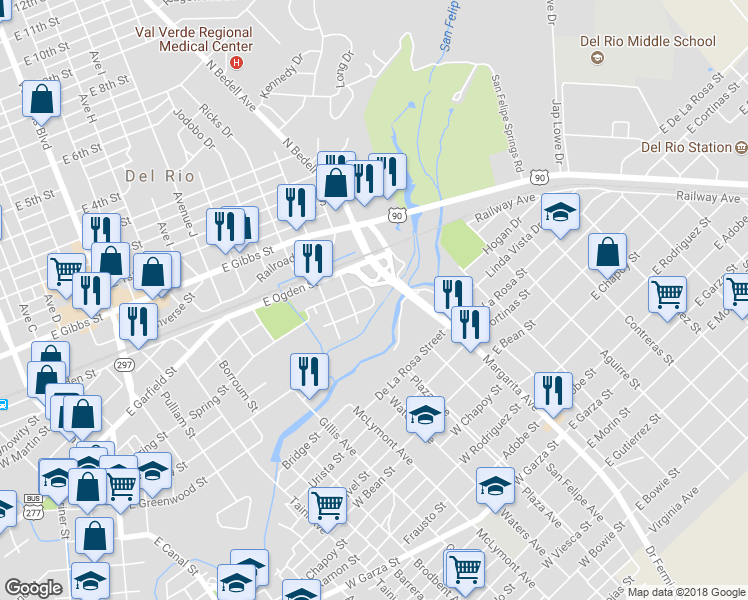 map of restaurants, bars, coffee shops, grocery stores, and more near 311 Cypress Street in Del Rio