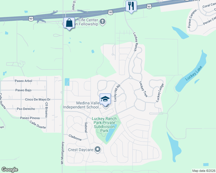 map of restaurants, bars, coffee shops, grocery stores, and more near 12040 Luckey View in San Antonio