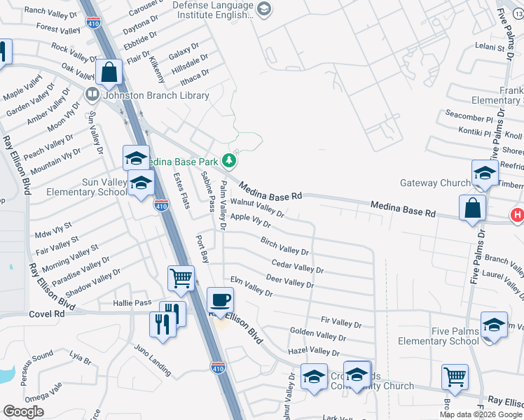 map of restaurants, bars, coffee shops, grocery stores, and more near 6711 Walnut Valley Drive in San Antonio
