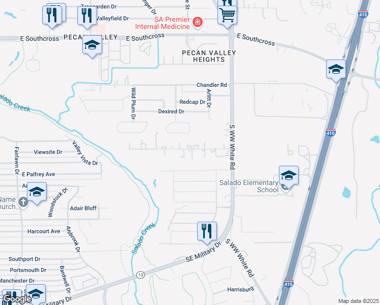 map of restaurants, bars, coffee shops, grocery stores, and more near 166 Jo Marie Street in San Antonio