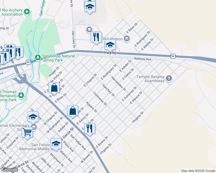 map of restaurants, bars, coffee shops, grocery stores, and more near 510 East Adobe Street in Del Rio