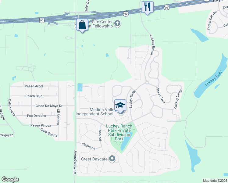 map of restaurants, bars, coffee shops, grocery stores, and more near 6530 Luckey Square in San Antonio
