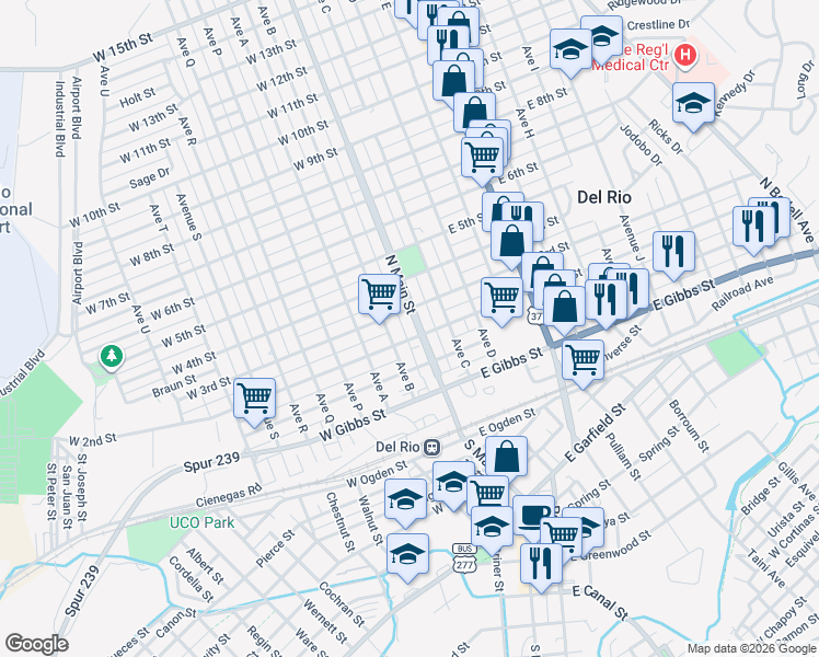 map of restaurants, bars, coffee shops, grocery stores, and more near 412-14 North Main Street in Del Rio
