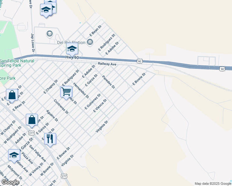 map of restaurants, bars, coffee shops, grocery stores, and more near 900-998 Paredes Street in Del Rio