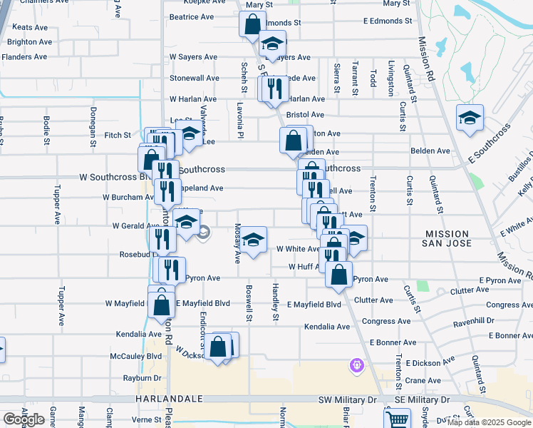 map of restaurants, bars, coffee shops, grocery stores, and more near 133 Cliff Avenue in San Antonio