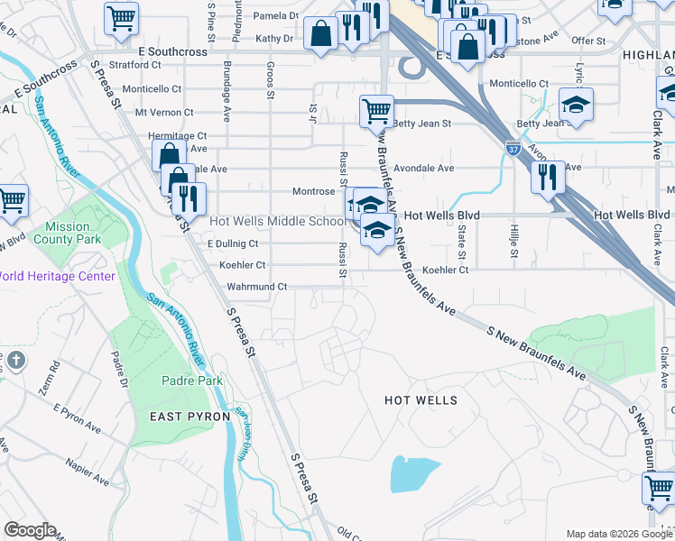 map of restaurants, bars, coffee shops, grocery stores, and more near 279 Koehler Court in San Antonio