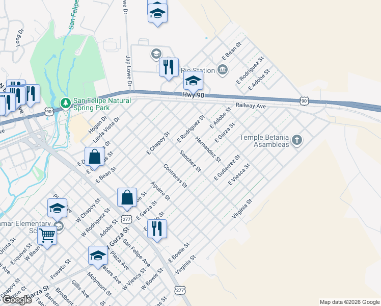 map of restaurants, bars, coffee shops, grocery stores, and more near 510 East Adobe Street in Del Rio