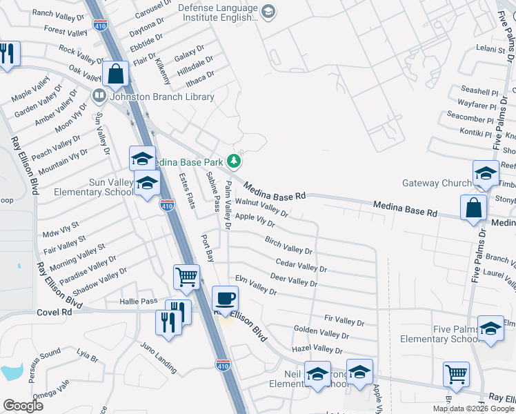 map of restaurants, bars, coffee shops, grocery stores, and more near 6654 Walnut Valley Drive in San Antonio