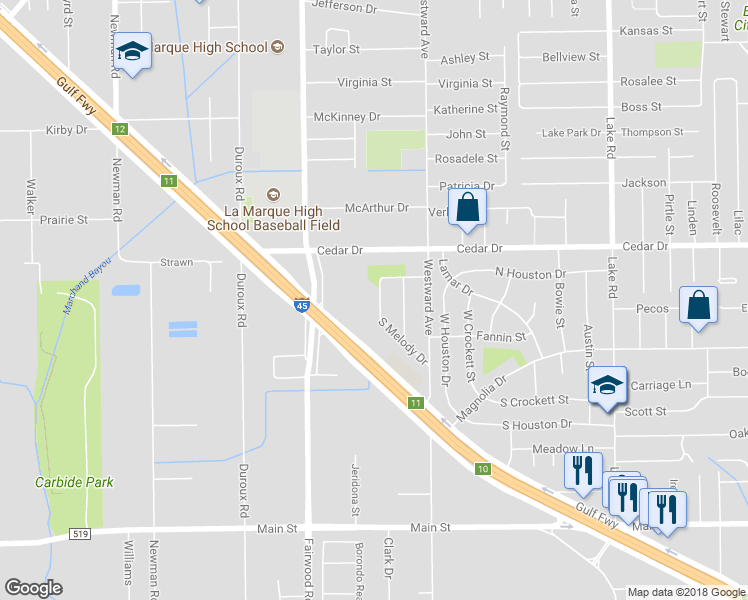 map of restaurants, bars, coffee shops, grocery stores, and more near 1402 Melody Drive in La Marque