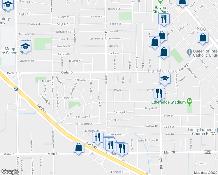 map of restaurants, bars, coffee shops, grocery stores, and more near 1403 Lake Road in La Marque