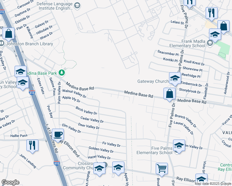 map of restaurants, bars, coffee shops, grocery stores, and more near 6607 Cougar Village in San Antonio