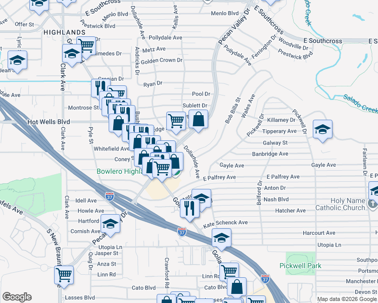 map of restaurants, bars, coffee shops, grocery stores, and more near 5818 Pecan Valley Drive in San Antonio