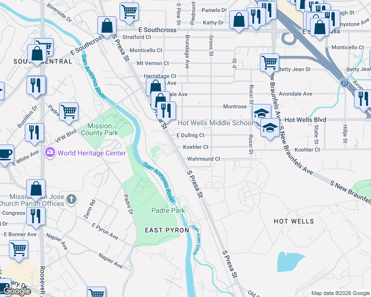 map of restaurants, bars, coffee shops, grocery stores, and more near 117 Koehler Court in San Antonio