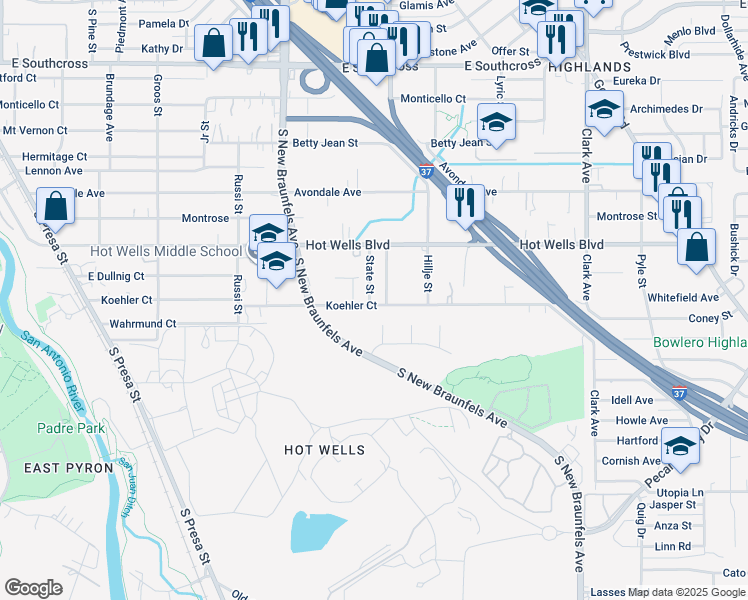 map of restaurants, bars, coffee shops, grocery stores, and more near 4937 South Gevers Street in San Antonio