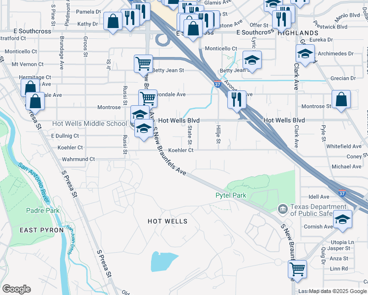map of restaurants, bars, coffee shops, grocery stores, and more near 527 Koehler Court in San Antonio
