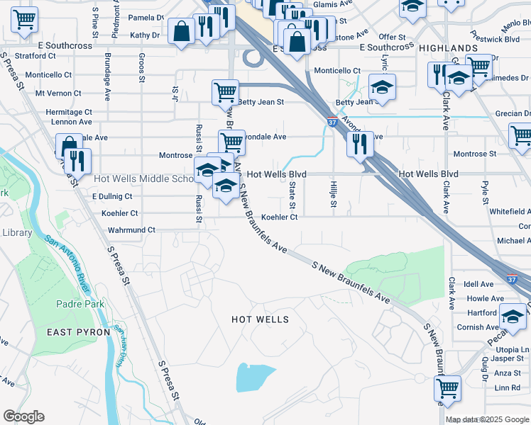 map of restaurants, bars, coffee shops, grocery stores, and more near 431 Koehler Court in San Antonio