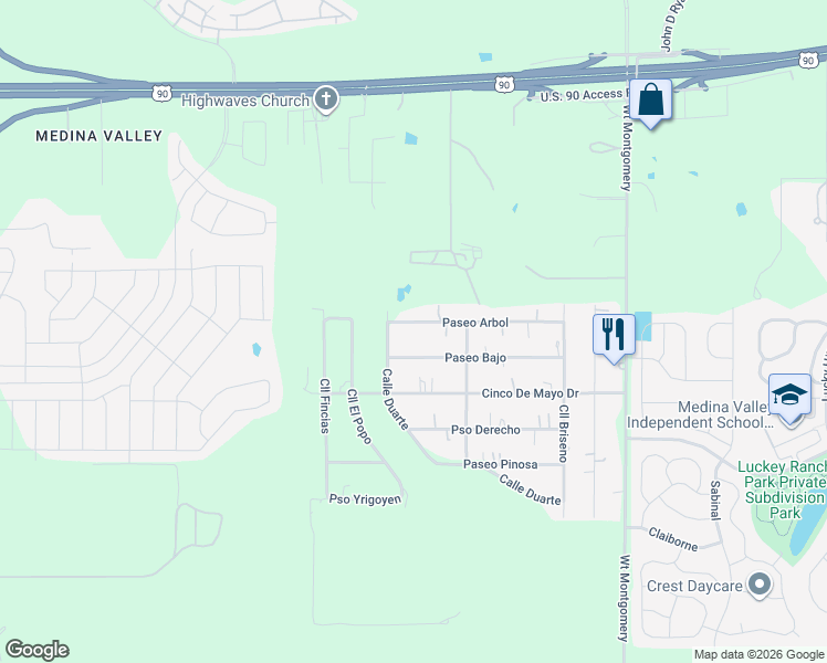 map of restaurants, bars, coffee shops, grocery stores, and more near 12735 Paseo Arbol in San Antonio