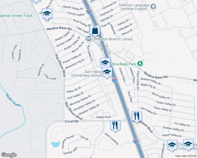 map of restaurants, bars, coffee shops, grocery stores, and more near Sun Valley Drive in San Antonio