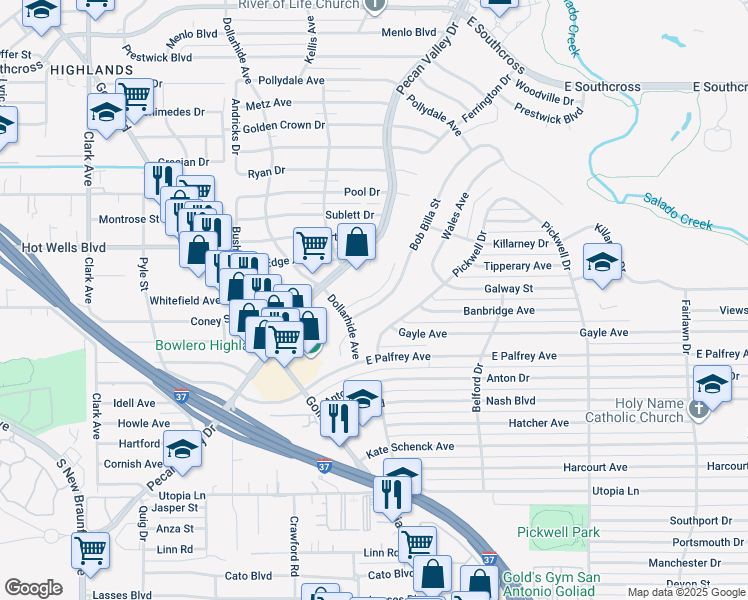 map of restaurants, bars, coffee shops, grocery stores, and more near 3227 Bob Billa Street in San Antonio
