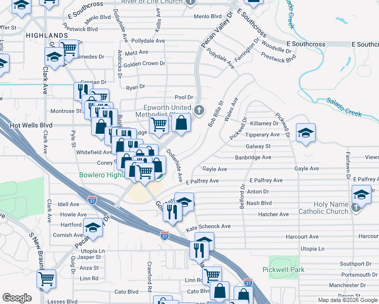 map of restaurants, bars, coffee shops, grocery stores, and more near 3227 Bob Billa Street in San Antonio