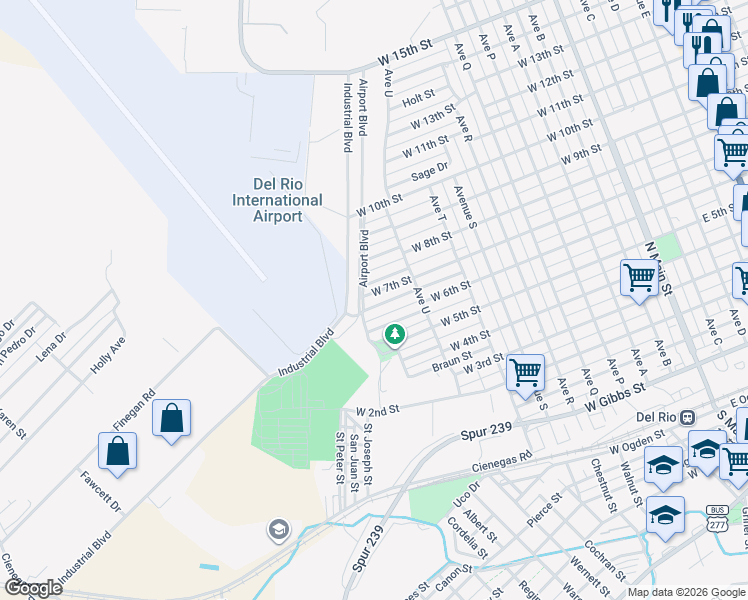map of restaurants, bars, coffee shops, grocery stores, and more near West 7th Street in Del Rio