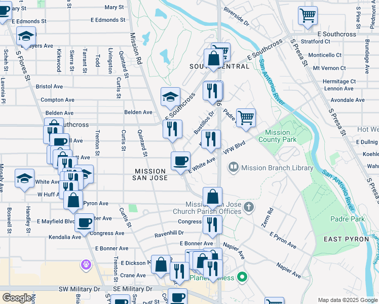 map of restaurants, bars, coffee shops, grocery stores, and more near 125 Kelly Drive in San Antonio