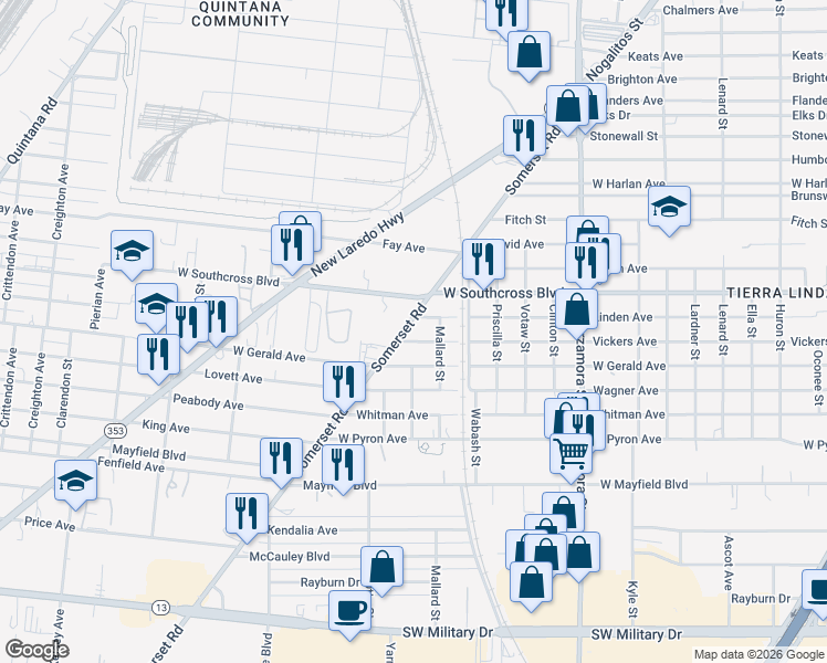 map of restaurants, bars, coffee shops, grocery stores, and more near 910 Somerset Road in San Antonio