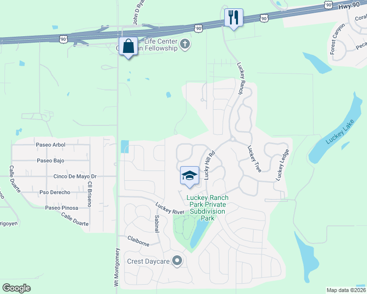 map of restaurants, bars, coffee shops, grocery stores, and more near 6530 Luckey Square in San Antonio