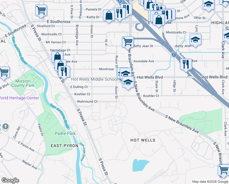 map of restaurants, bars, coffee shops, grocery stores, and more near 279 Koehler Court in San Antonio